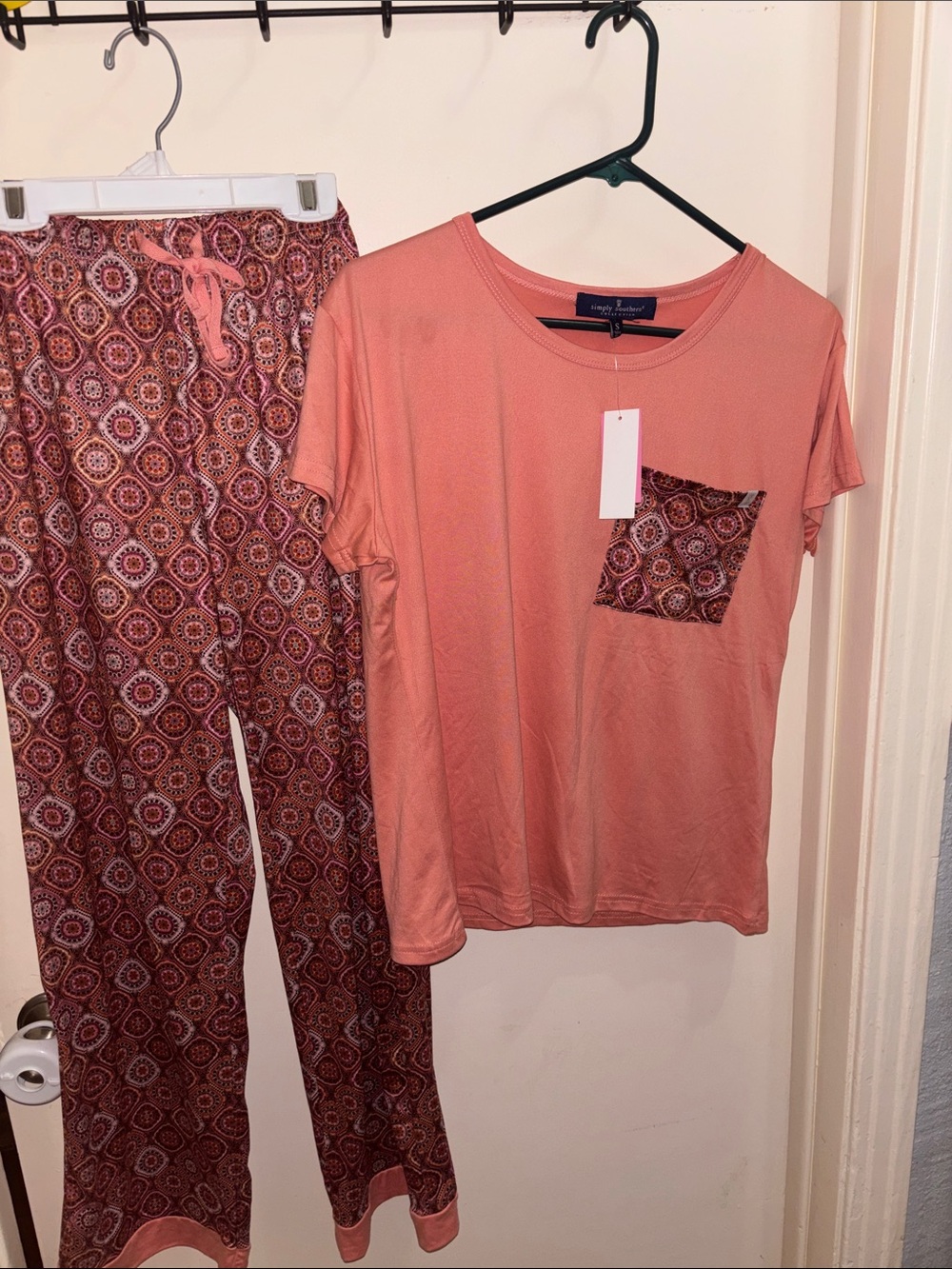 Simply Southern Peach Short-Sleeve Pajama Set with Printed Pocket & Pants